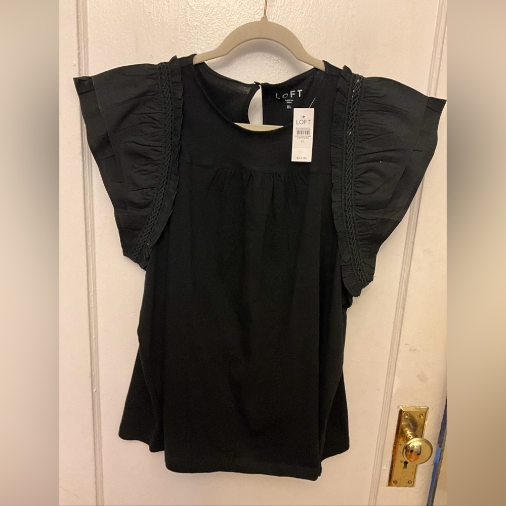NWT LOFT Tiered Ruffle Mixed Media Top - Black -